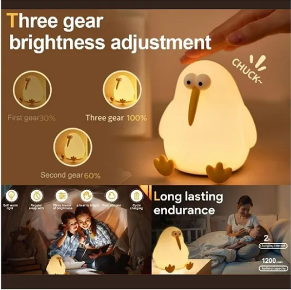 Cute Night Light For Kids Cute Kiwi Bird Silicon Night Light Super Cute Silicone Night Lamps Squishy LED Animal Night Light Silicone Dimmable Timed Bedside Lamp 3 Lighting Modes, USB Rechargeable Touch Light Night Lamp - Multicolor