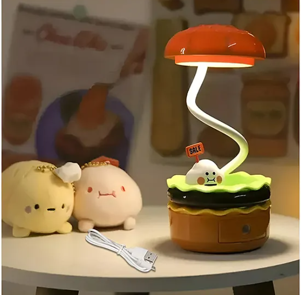 3 in 1 Burger Design Study Lamp USB Rechargeable LED Desk Lamp With Built-in-Battery 360 Degree Flexible Hose With Pencil Sharpener And Storage Table Night Lamp Burger Lamp With Sharpener - Multicolor