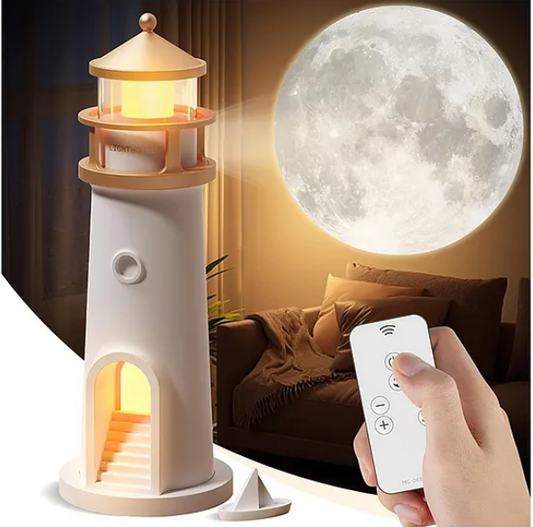 Atmosphere Lighthouse Night Light | Moon Projection Lighthouse Lamp with Remote | 3 Levels Dimmable Table Lamp for Room Décor | Rechargeable Led Night Light | Unique Gift for Kids Multicolor