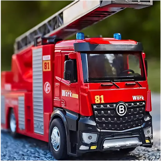 Fire Fighter Rescue Ladder Truck Toys For Kids With Openable Doors, Lights And Realistic Music Alloy Die-cast Friction Powered Toy Multicolor