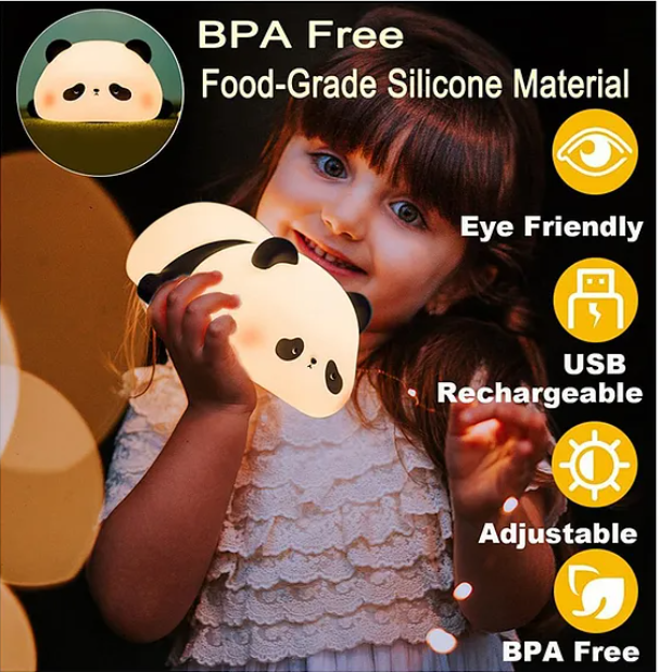 Cute Panda Silicone Night Light Squishy LED Animal Night Light Silicone Dimmable Timed Bedside Lamp Kawaii Light Up USB Rechargeable Panda Touch Light Night Lamp Multicolor