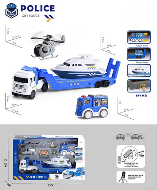 Die-cast Friction Powered City Police Transport Car Trailer Truck Toys For Kids With Helicopter, Rescue Boat And Police Transport Car - Multicolor