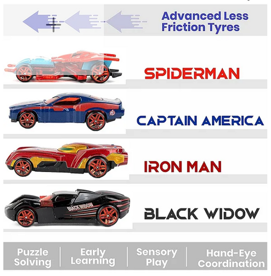 Super Hero Theme Mini Metal Die-Cast Car Set For Kids And Toddlers Free Wheel Speed Racing Car 4 Pieces Multicolor