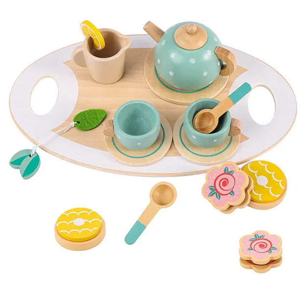 Wooden Toys For Kids Wooden Afternoon Play Tea Party Set Pretend Play Food Kids Toys 15 Pcs - Multicolor