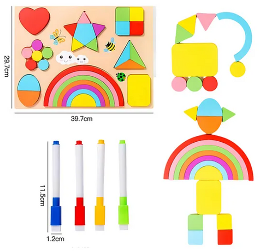 Colorful Wooden Shape Sorting and Puzzle Board with Rainbow Pieces and Markers, Multi color