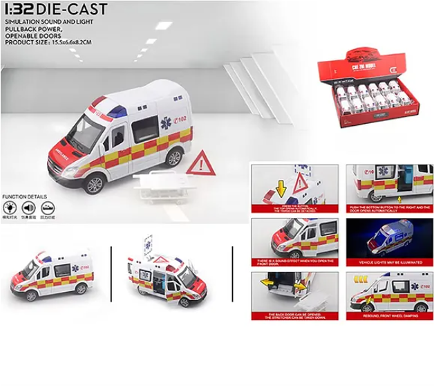 1:32 Scale Ambulance Car Toys Alloy Die-cast Friction Power Car With Openable Doors, Lights And Realistic Music (Pack of 1 Color May Vary)