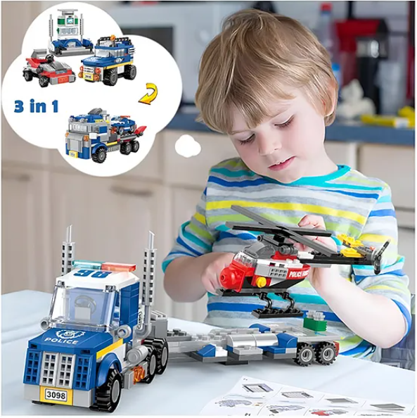 Building Blocks 3 in 1 City Police Bricks Block Set With Detailed Guidebook Learning And Educational Toy Police Car Transporter Building Toys Police Truck With Trailer And Rescue Helicopter Play Fun And Educational Toys 249 Pcs Multicolor