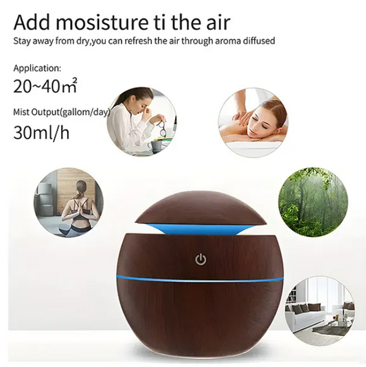 Portable Compact USB Air Humidifier Wood Grain Cool Mist Spherical Humidifier With 130 ml Water Tank Quiet Operation 7 Color LED Light Options For Multiple Room Types Large Capacity For Bedroom And Home Decor (Pack of 1 Color May Vary)