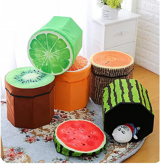 Fruit Folding Footstool Seat Storage Box Round Storage Chest Padded Box For Kids And Adults - Design May Vary - Multicolor