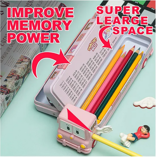 School Bus Shape Metal Pencil Box - Pink