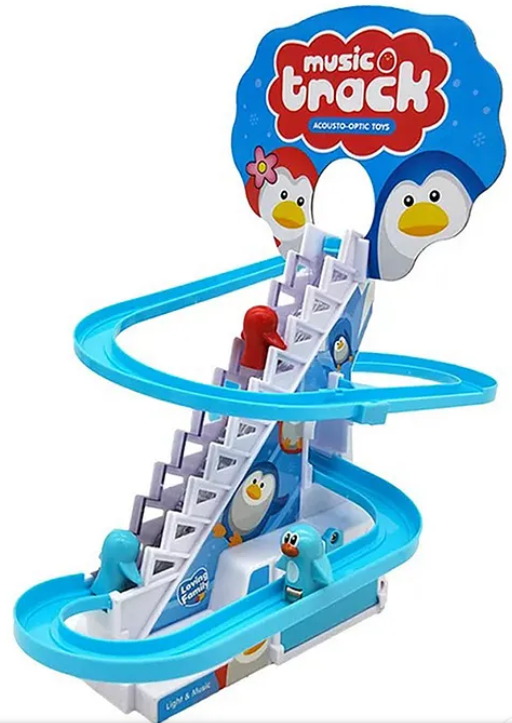 Happy Musical Penguin Track Slide And Climb Stairs Toys With 3 Penguins Multicolor