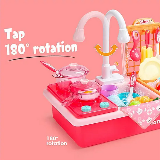 Kitchen Play Set With Automatic Water Cycle System Pretend Play Kitchen Play Sink Toys Set of 25 Pieces-Pink