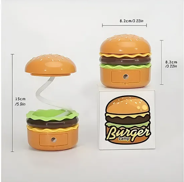 3 in 1 Burger Design Study Lamp USB Rechargeable LED Desk Lamp With Built-in-Battery 360 Degree Flexible Hose With Pencil Sharpener And Storage Table Night Lamp Burger Lamp With Sharpener - Multicolor