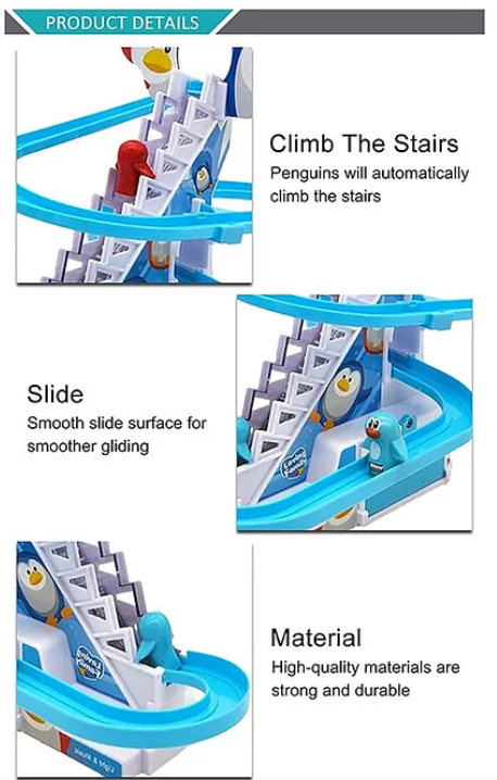Happy Musical Penguin Track Slide And Climb Stairs Toys With 3 Penguins Multicolor