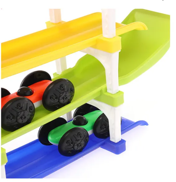 Ramp Racing Car Toy For Kids Four-Level Track Racing Car Toy With 4 Cars And 4 Ramps Multicolor
