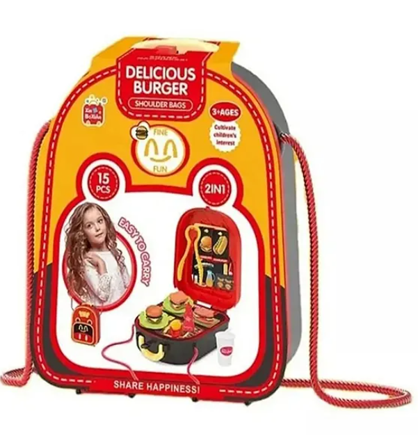 Delicious Burger Shoulder Bag Role And Pretend Play Toys For Kids With Fast Food Accessories Set Toys for Boys And Girls Fun Entertainment Role Plays Kids Toys Perfect Gift For Kids 15 Pieces - Height 7.8 Inches