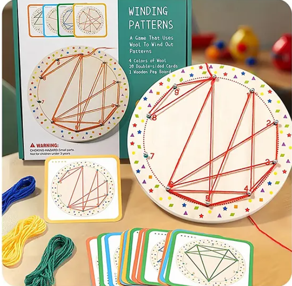 Montessori Creative Geometry Shape Matching Toys for Kids Preschool Learning Educational Winding Patterns Nail Board Wooden Toy - Multicolor