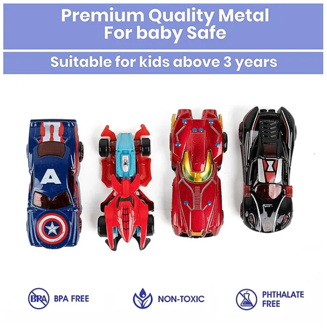 Super Hero Theme Mini Metal Die-Cast Car Set For Kids And Toddlers Free Wheel Speed Racing Car 4 Pieces Multicolor