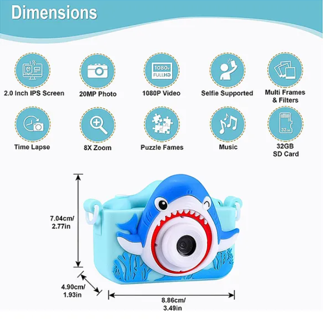 Digital Handy Portable Shark Camera Full HD 1080P 2.0 Screen with Inbuilt Game Multicolor