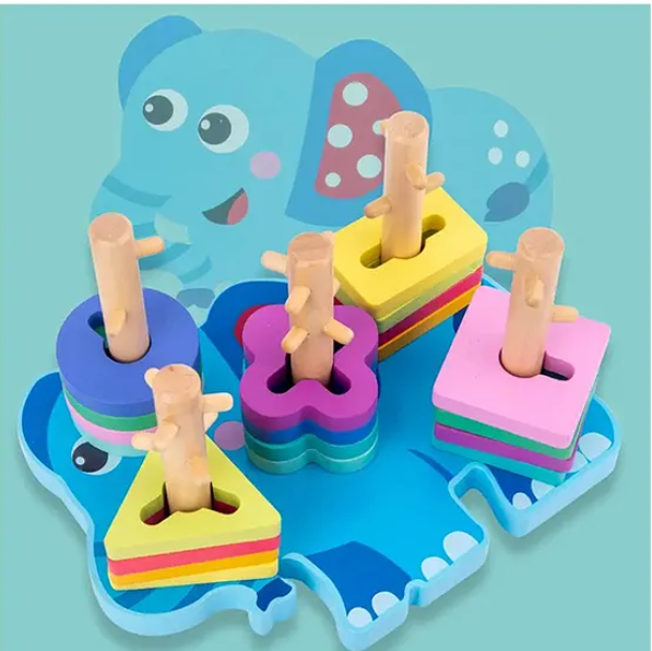 Wooden Elephant Geometric Shape Matching Blocks Toys For Kids Montessori Baby Fun Educational Learning Gift Toys Multicolor