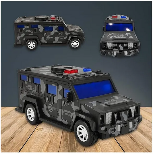 Military Car Money Safe Box For Kids Coin Cash Savings Box Bump n Go Military Car With Lights Sound Music Toy Car For Children Color May Vary