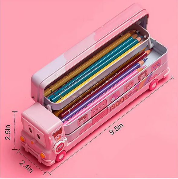 School Bus Shape Metal Pencil Box - Pink