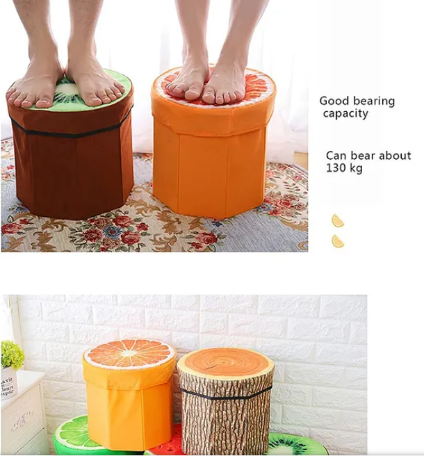 Fruit Folding Footstool Seat Storage Box Round Storage Chest Padded Box For Kids And Adults - Design May Vary - Multicolor