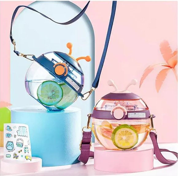 Cute Round Water Bottle, Soft Silicone Straw with DIY Stickers Beautiful Design, BPA-Free for Kids 450 ML Color May Vary