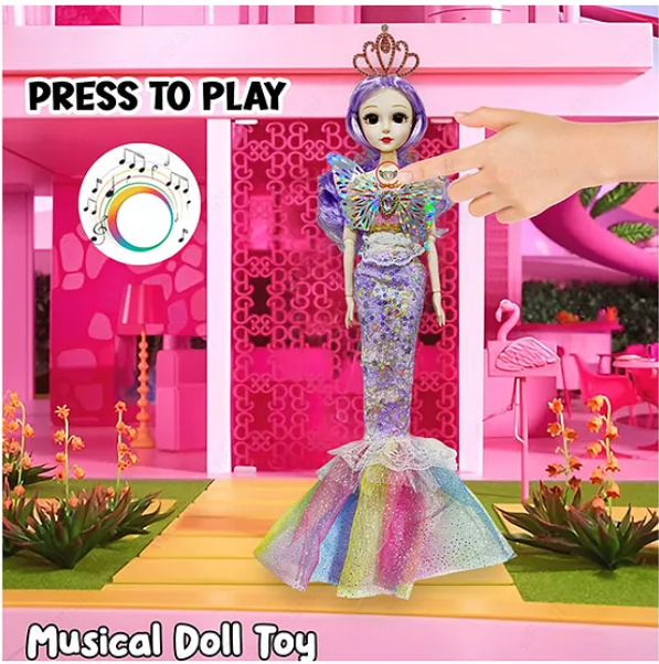 Musical Mariah Mermaid Fashion Doll Toys For Kids with 3D Eyes, Folding Pretend Play Gift for Girls Kids Role Play Toys (Pack of 1 Color & Design May Vary) - Height 35 cm