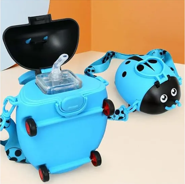 Bug Shaped Water Bottle for Kids 550 ML Leak-Proof Water Bottle with Moving Wheels, Straps And Sipper
