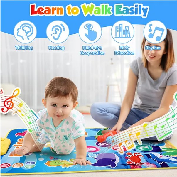 YAMAMA Baby Toddler Mat, Marine Organism Theme Baby Musical Play Mat Toys With 9 Piano Keys, 8 Marine Life Keys, Music, Touch And Learn Early Educational Animal Touch Mat For Kids - Multicolor
