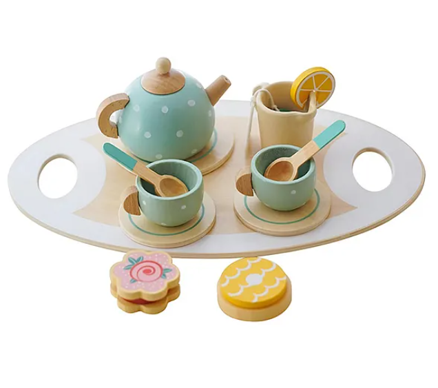 Wooden Toys For Kids Wooden Afternoon Play Tea Party Set Pretend Play Food Kids Toys 15 Pcs - Multicolor