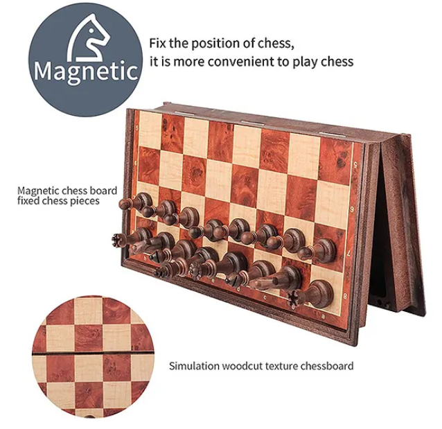 Wooden Chess with Folding Chess Board Staunton Chess Pieces & Storage Box For Kids- Multicolor