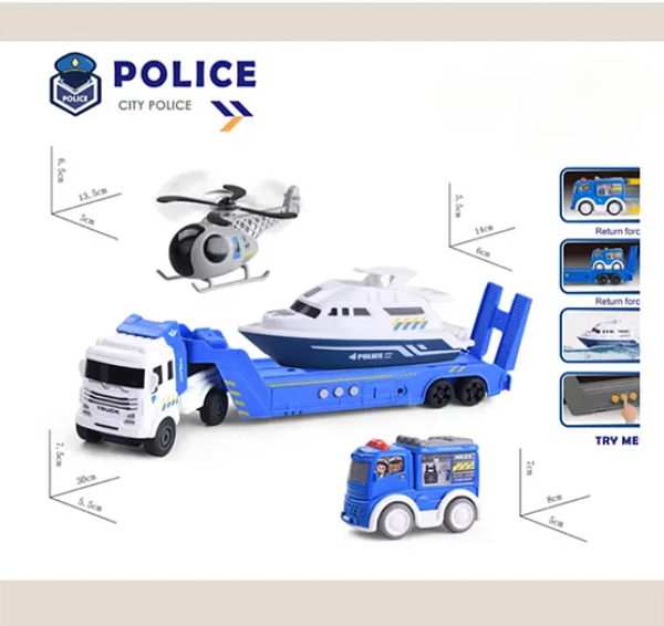 Die-cast Friction Powered City Police Transport Car Trailer Truck Toys For Kids With Helicopter, Rescue Boat And Police Transport Car - Multicolor