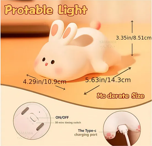 Big Face Rabbit Silicone Night Light Squishy LED Animal Night Light Silicone Dimmable Timed Bedside Lamp Kawaii Light Up USB Rechargeable Rabbit Touch Light Night Lamp Multicolor