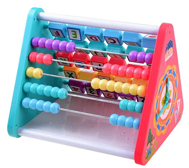 Multi Function Educational 5 Side Learning Shelf With Triangle Alphabet Blocks Abacus Clock for Kids - Multicolor