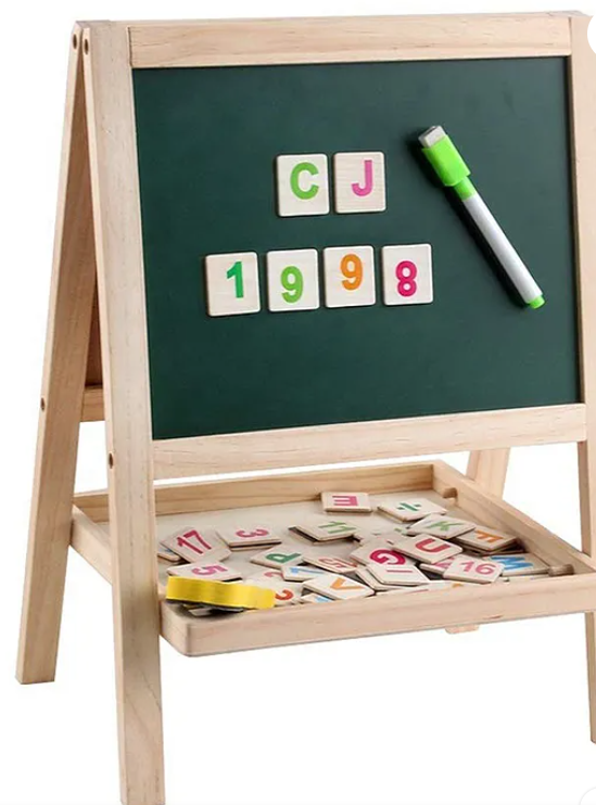 Wooden Magnetic Double-sided Small Drawing Board With Balck And White Board Adjustable Standing Easel Marker Duster Chalkbox Alphabets Number Set Wooden Toy Magnetic Toy Educational Toy For Kids - Multicolor