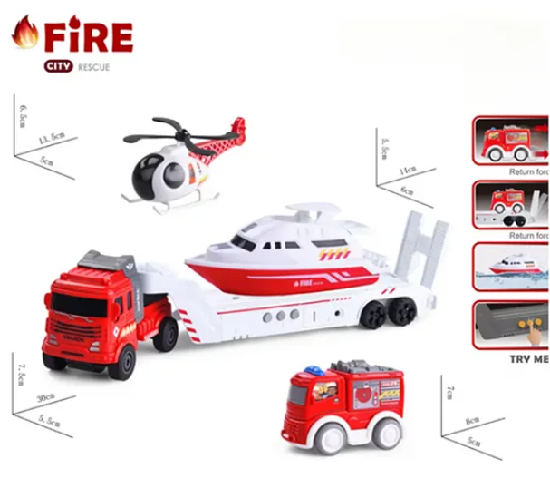 Die-cast Friction Powered City Rescue Fire Transport Car Trailer Truck Toys For Kids With Helicopter, Rescue Boat And Fire Transport Car - Multicolor