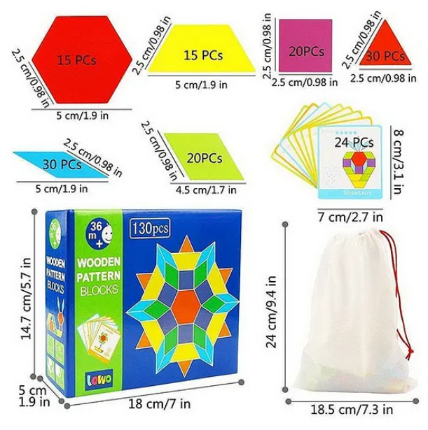 Wooden Geometric Manipulative Shape Puzzle Multicolor - 130 Pieces