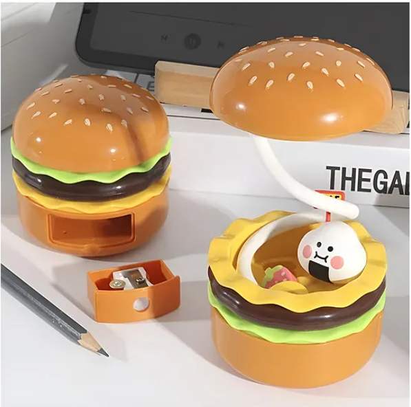 3 in 1 Burger Design Study Lamp USB Rechargeable LED Desk Lamp With Built-in-Battery 360 Degree Flexible Hose With Pencil Sharpener And Storage Table Night Lamp Burger Lamp With Sharpener - Multicolor