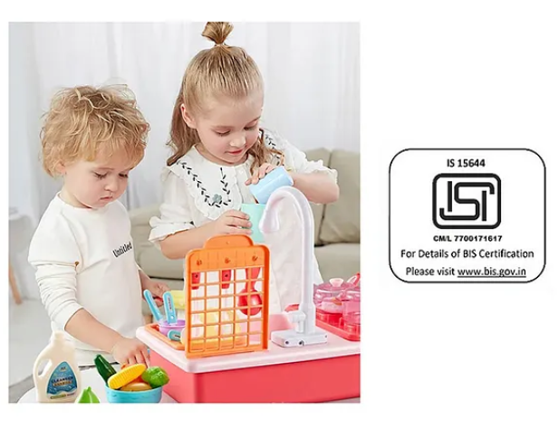 Kitchen Play Set With Automatic Water Cycle System Pretend Play Kitchen Play Sink Toys Set of 25 Pieces-Pink