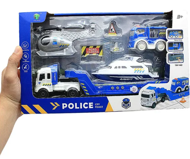 Die-cast Friction Powered City Police Transport Car Trailer Truck Toys For Kids With Helicopter, Rescue Boat And Police Transport Car - Multicolor