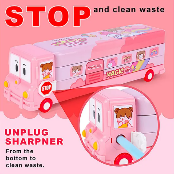 School Bus Shape Metal Pencil Box - Pink
