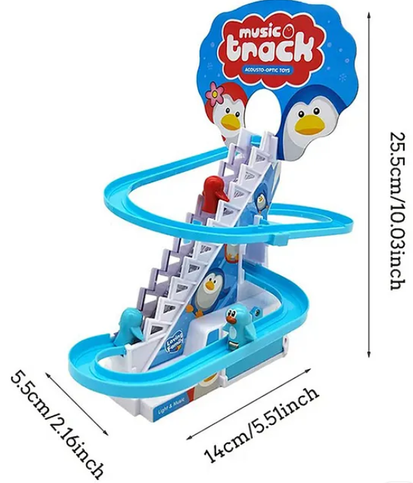 Happy Musical Penguin Track Slide And Climb Stairs Toys With 3 Penguins Multicolor