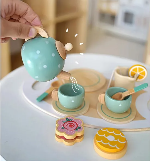 Wooden Toys For Kids Wooden Afternoon Play Tea Party Set Pretend Play Food Kids Toys 15 Pcs - Multicolor