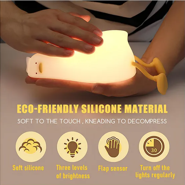 Cute Duck Silicone Night Light Squishy LED Animal Night Light Silicone Dimmable Timed Bedside Lamp Kawaii Light Up USB Rechargeable Lying Flat Duck Touch Light Night Lamp - Multicolor