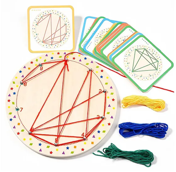 Montessori Creative Geometry Shape Matching Toys for Kids Preschool Learning Educational Winding Patterns Nail Board Wooden Toy - Multicolor