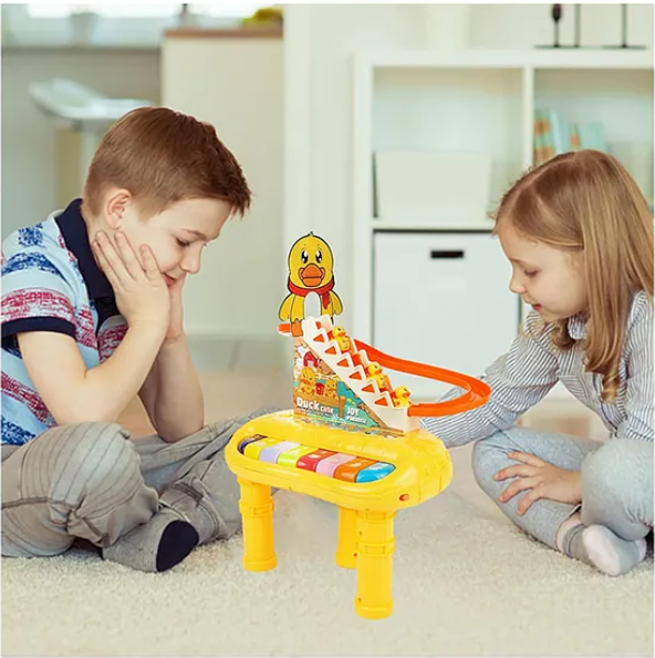 Musical Toys 2 In 1 Cute Duck Climbing Stairs With Piano Lights And Music Toys For Kids Musical Duck Track Slide and Climb Stairs Toys With 3 Ducks - Multicolor