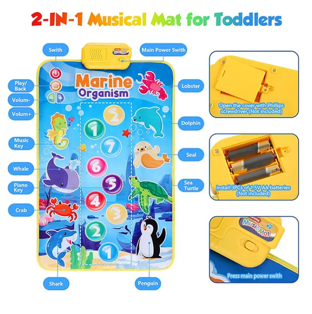 YAMAMA Baby Toddler Mat, Marine Organism Theme Baby Musical Play Mat Toys With 9 Piano Keys, 8 Marine Life Keys, Music, Touch And Learn Early Educational Animal Touch Mat For Kids - Multicolor