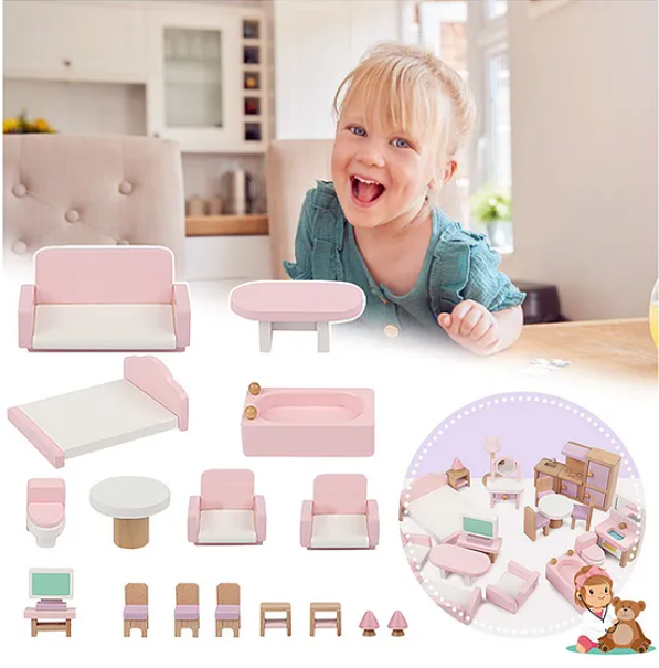 Small Wooden Furniture Set Toy For Kids - Pink